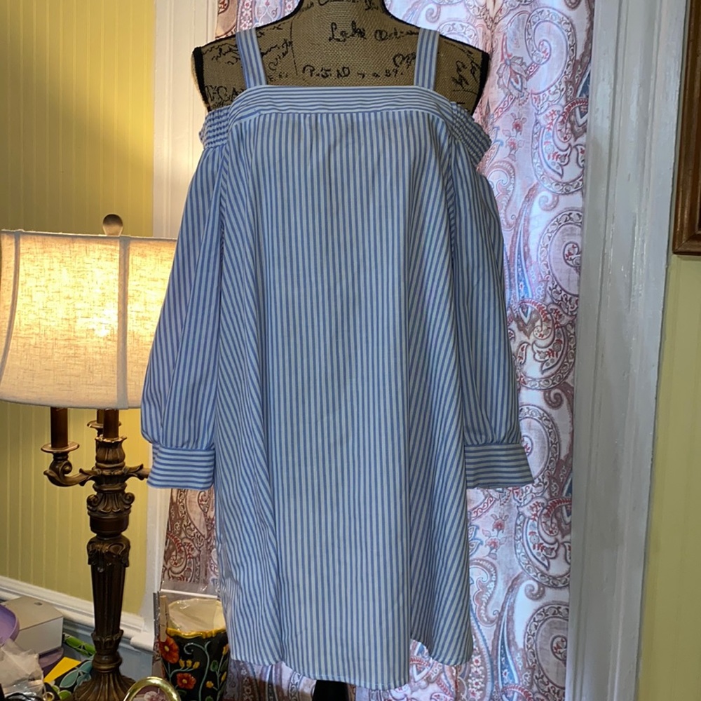 Ashley Stewart Blue & White Stripe Cold / Off Shoulder Long Sleeve Shirt / Top.